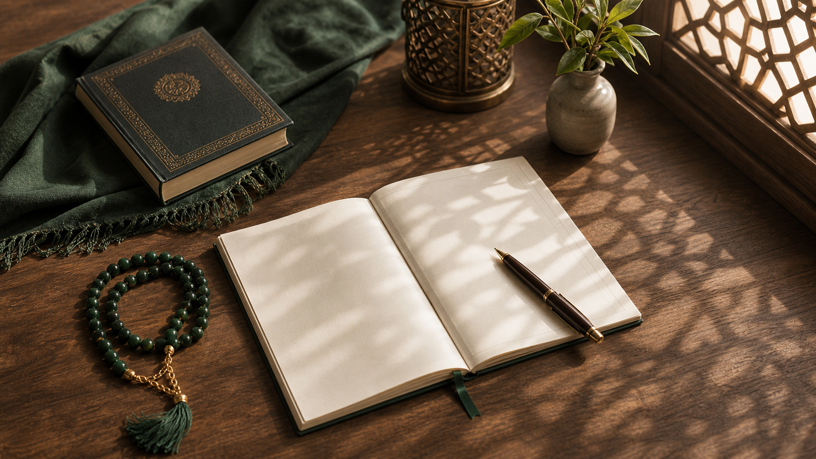 Namaz dualarını çalışmak için açık defter ve sakin masa